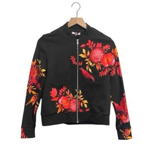 NWT The Kit Floral Bomber Cardigan, Organic Cotton, Black/Magenta, Zip Up, XS